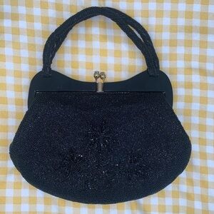 Delill Vintage Black Floral Beaded Evening Bag Hand Made in Korea
